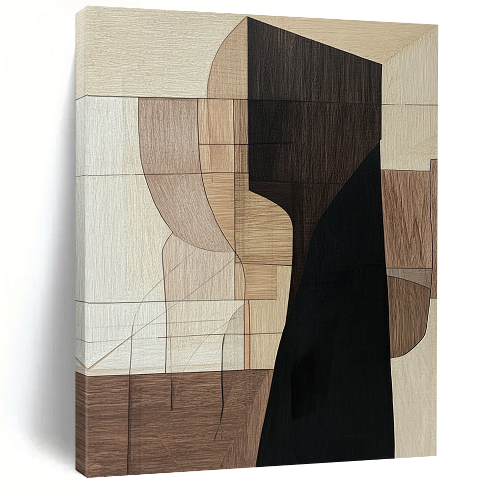 Contemporary hand-painted abstract art featuring a dominant elongated black wooden shape with earthy shades and a mysterious shadowy presence. DLZ0855