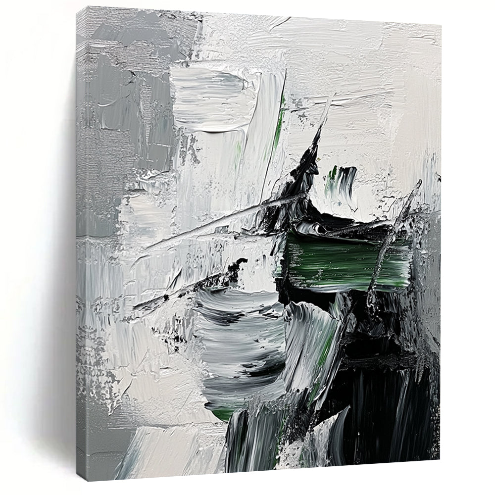 Contemporary abstract painting showcasing impasto textures with green strokes on a monochrome grey and black backdrop featuring a hint of fur detail. DLZ0748