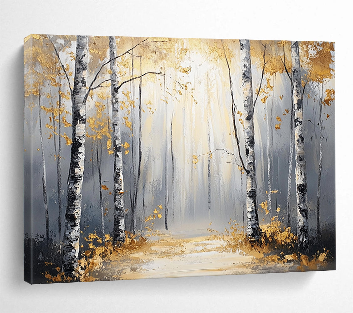 “Sunlit Golden Birch Forest Path” - Gold, Gray, Birch Trees, Forest Path - Abstract Landscape Painting HB1684