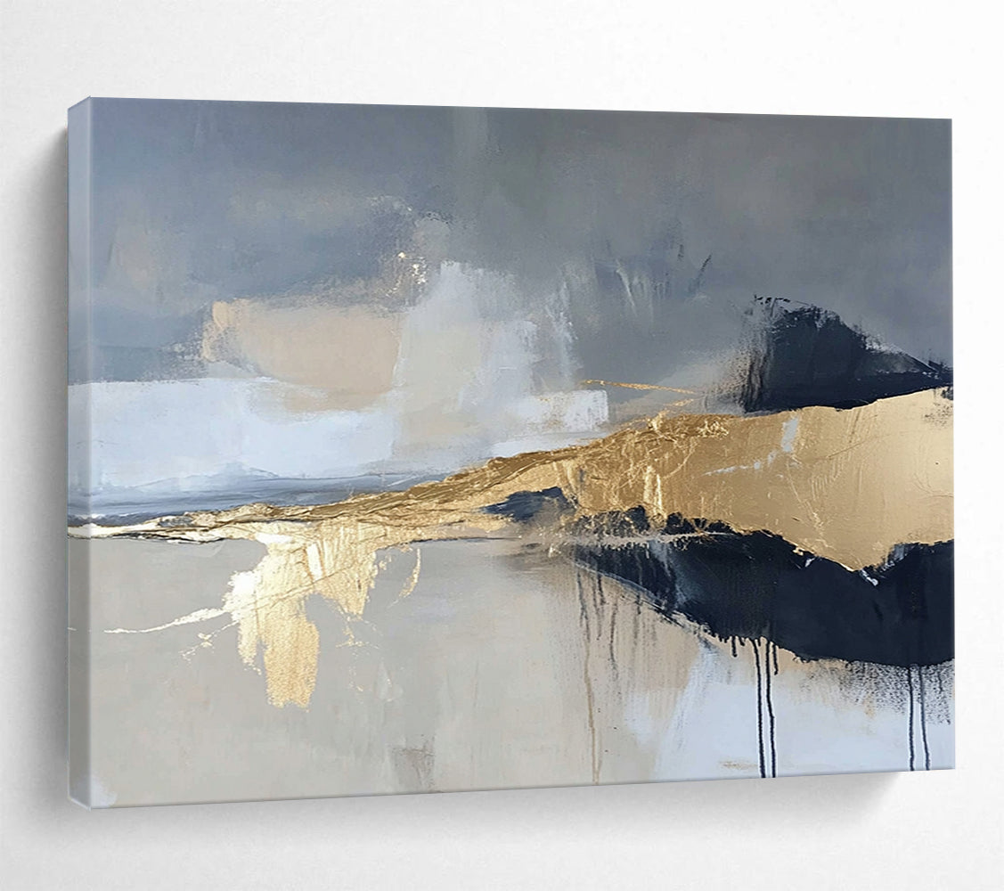 “Gilded Mist” - Gray, Gold, Black, Abstract Textured Landscape Painting On Canvas HB1068