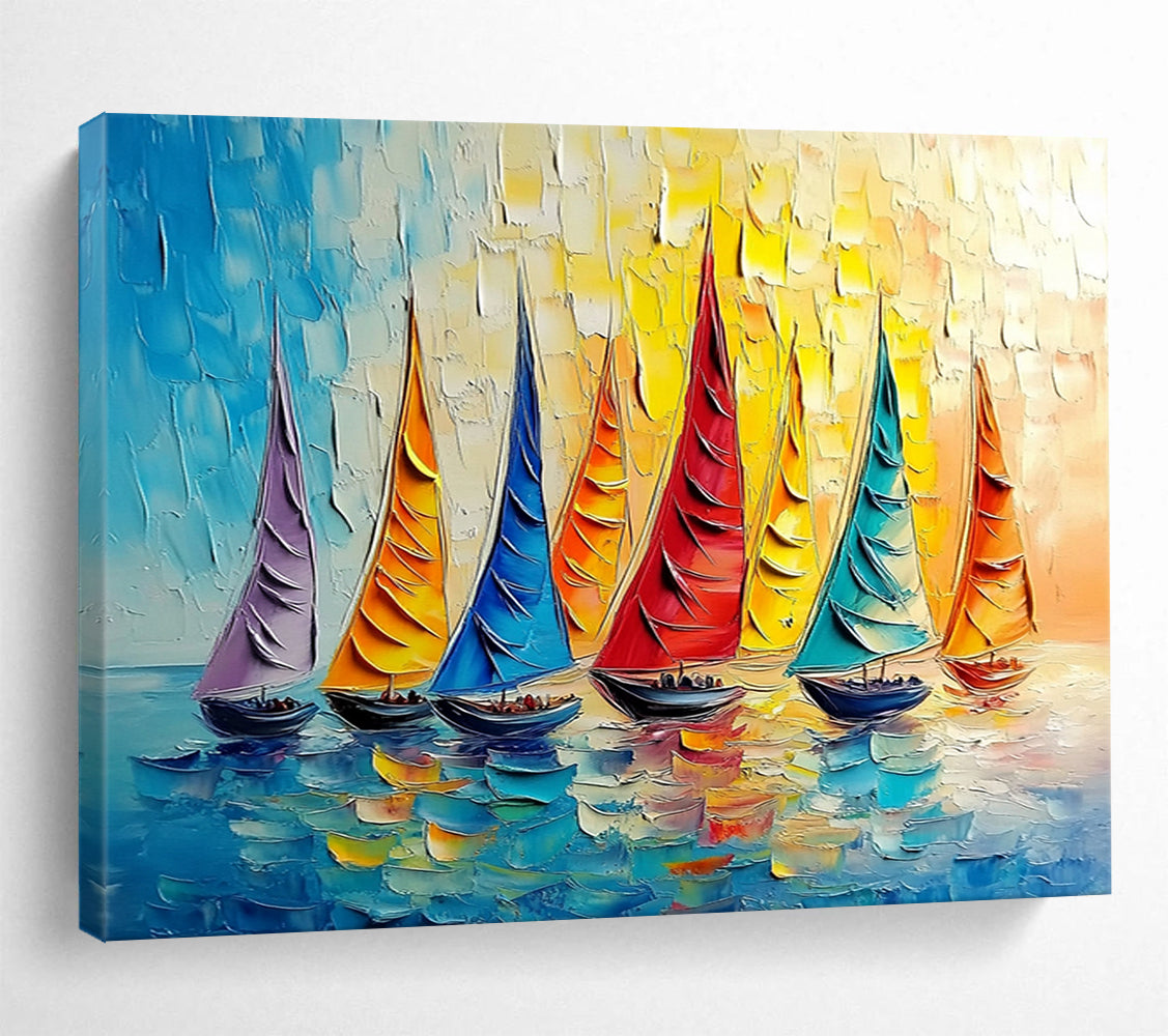 “Rainbow Sailboat Regatta” - Vivid Purples, Oranges, Blues, Colorful Sailboats - Impasto Oil Painting HB1735