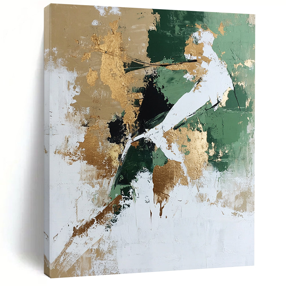 Large contemporary abstract painting featuring white and green tones with gold accents and a dynamic human figure crafted from natural elements. DLZ0780