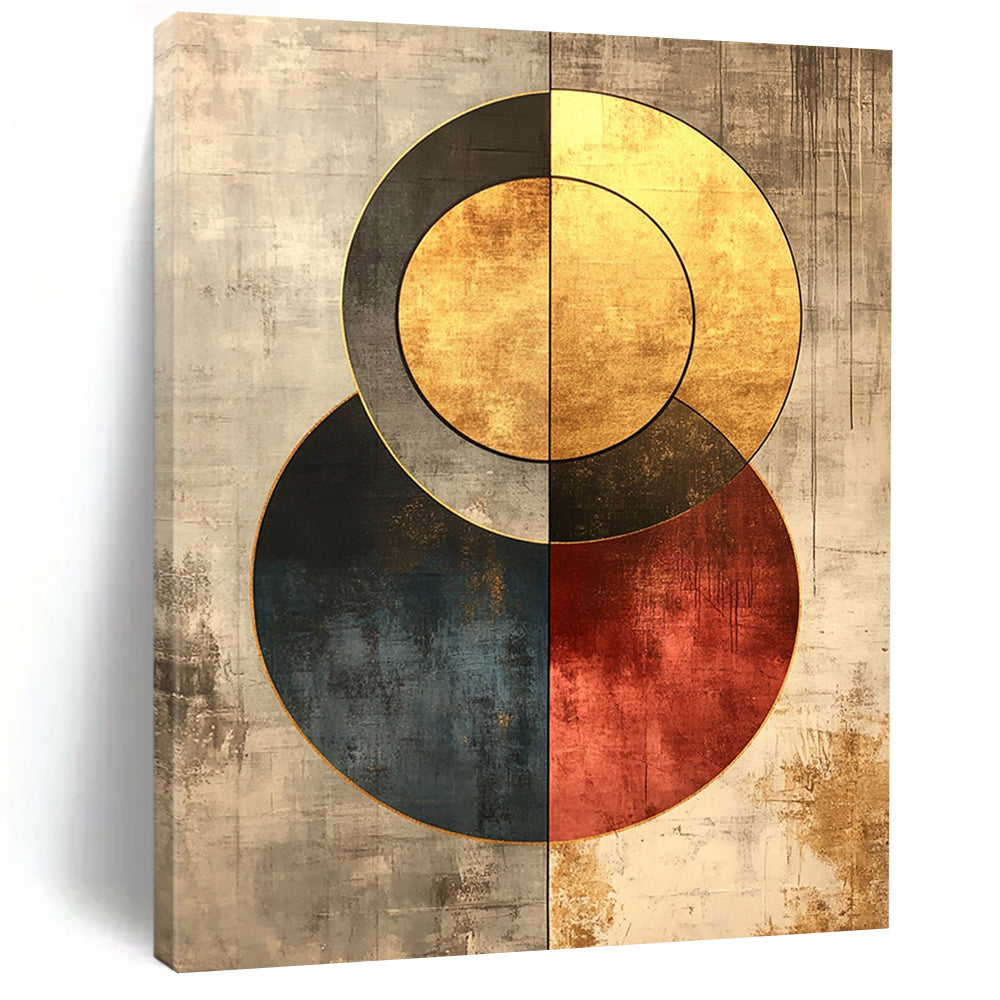 Contemporary hand-painted abstract art in gold and grey features retro circles with a grainy texture and minimalist background for timeless elegance. DLZ0266