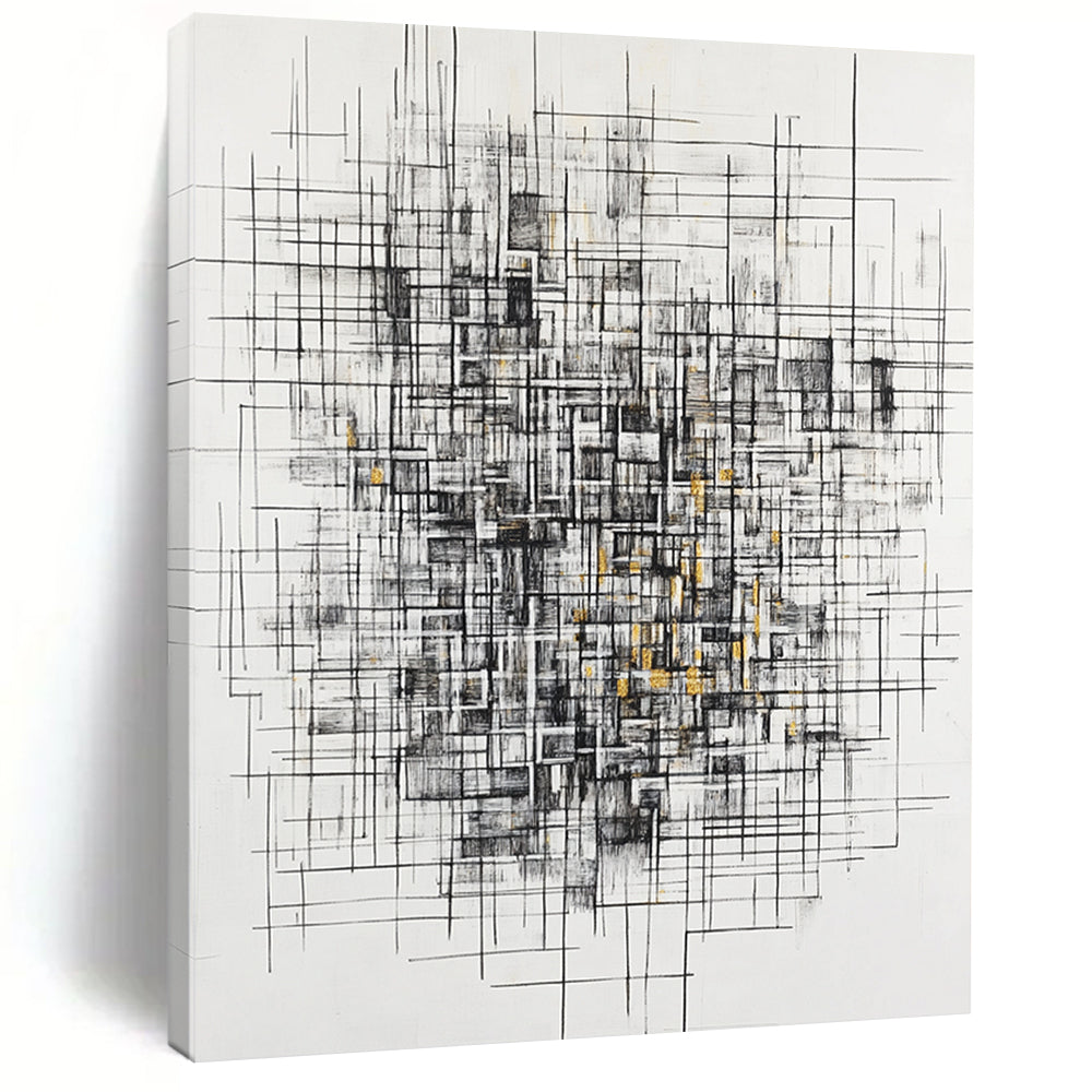 Black, White, Gray, Gold, Tangled Linework "Gilded Chaos Weave" Abstract Expressionist Painting On Canvas HB126