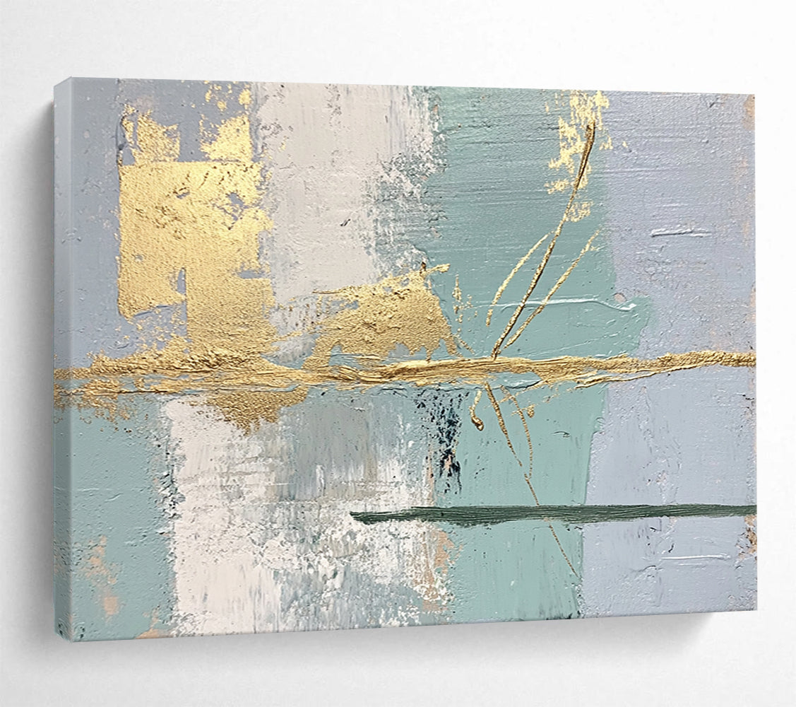 “Gold Accents on Pastel Abstract” - Light blue, gray, white, gold; Abstract with gold brushstrokes; Acrylic Painting On Canvas HB1246