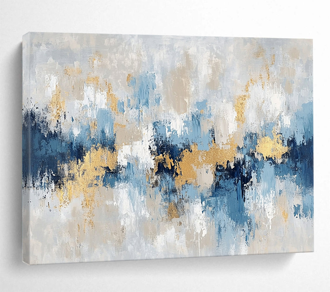 “Soft Gold - Blue - Gray Abstract Landscape” - Gold, Blue, Gray, White, Beige, Gentle Shapes Painting On Canvas HB0822