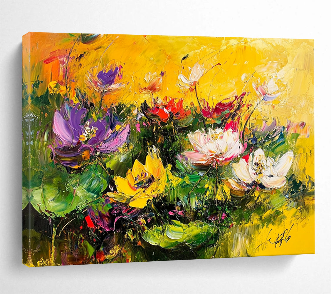 “Vibrant Colorful Lotus Pond” - Vivid Palette, Expressive Lotus Flowers Painting On Canvas HB0877