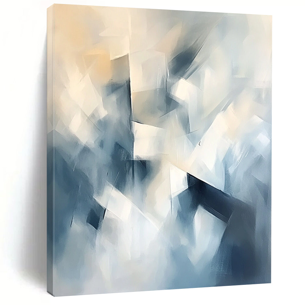 Contemporary abstract painting featuring soft shapes and forms in light blue and white with geometric elements and a dreamlike atmosphere. DLZ0643