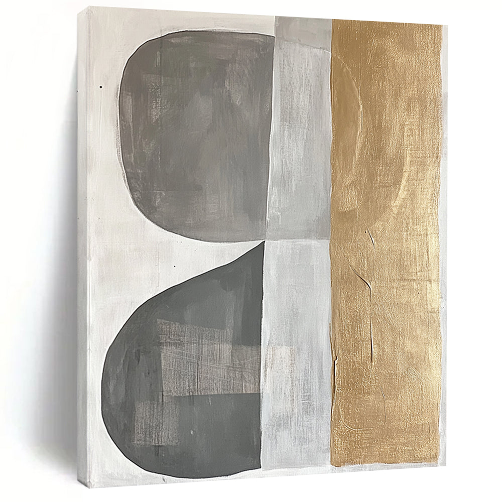 Gray, Silver, Gold and White Geometric Abstraction "Minimalist Geometry" Painting On Canvas HB396