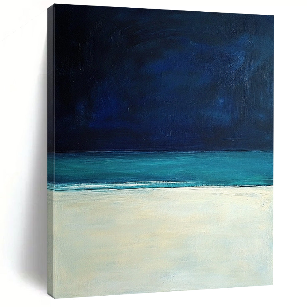 Contemporary hand-painted abstract art featuring a serene white sand beach under a dark blue sky, inspired by the style of Mark Rothko. DLZ0405