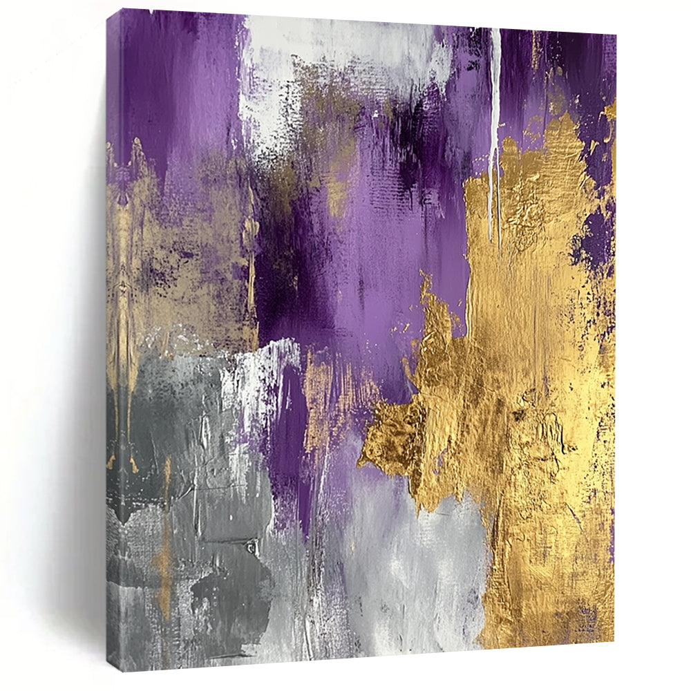 Contemporary hand-painted abstract art features gold and silver foil on a lilac palette, creating elegance and serene sophistication with metallic accents. DLZ0275