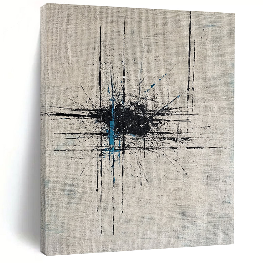Contemporary hand-painted abstract artwork featuring dynamic lines and dots on white canvas enhanced by bold black ink and vibrant blue highlights. DLZ0883