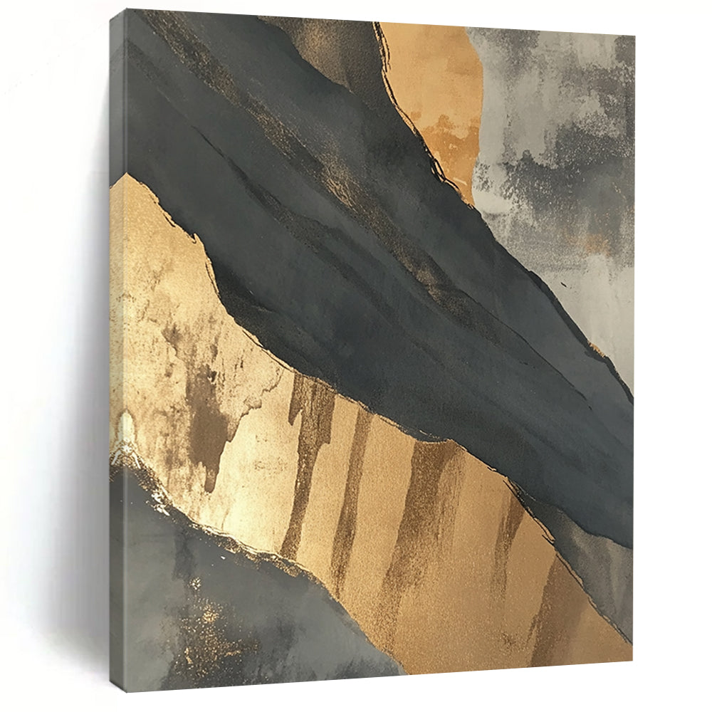 Contemporary large hand-painted abstract artwork featuring intricate black and gray patterns highlighted by elegant gold accents. DLZ1715