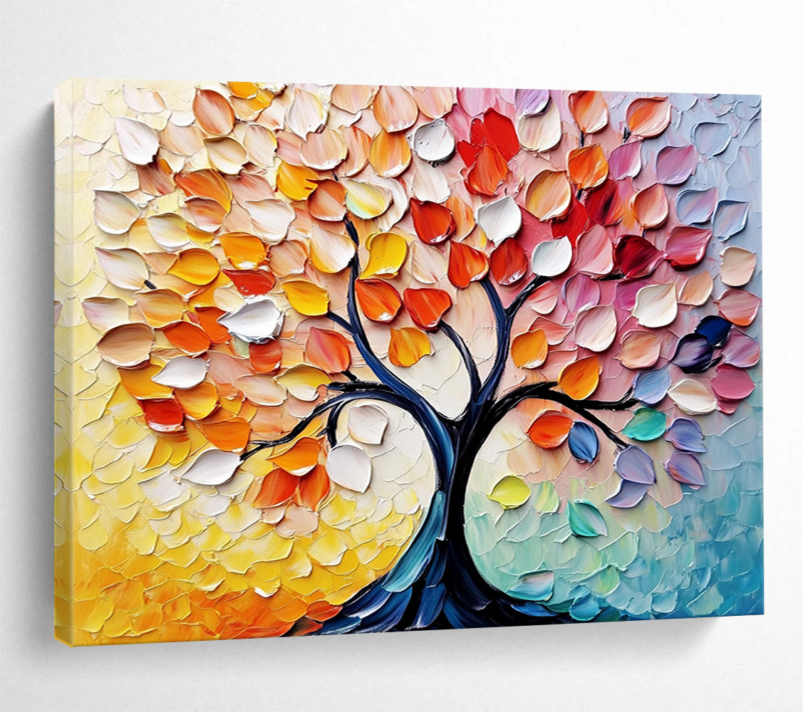 “Colorful Autumn Tree with Textured Leaves” - Yellow, Orange, Red, Pink, Colorful Leaf Textures - Palette Knife Acrylic Painting HB1637