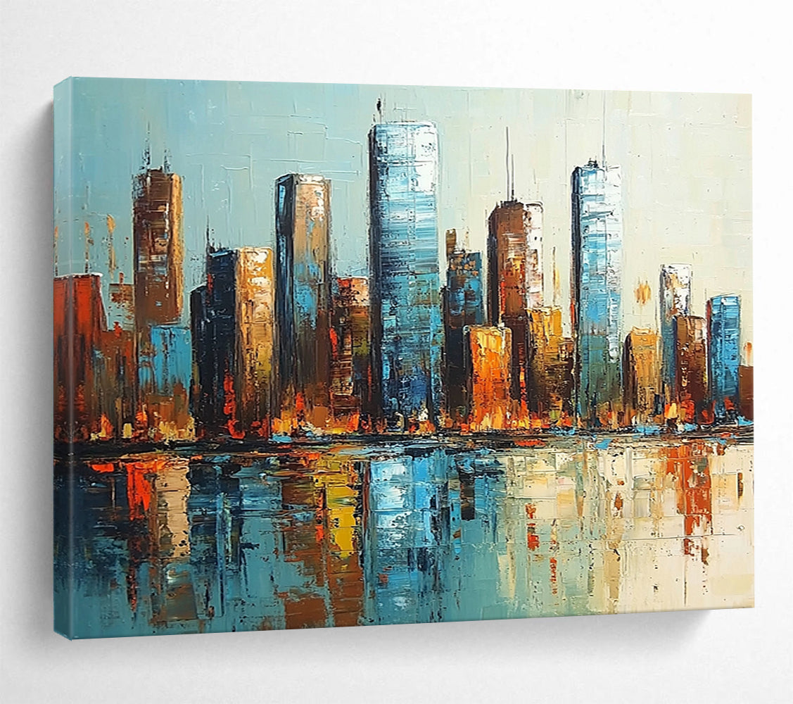 “Cityscape Reflections” - Blues, Browns, Oranges, Urban Skyline - Impressionist Oil Painting HB1591