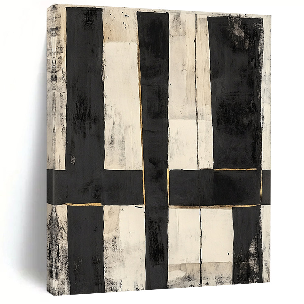 Black, White, Gold, Vertical Rectangles "Gilded Grid" Abstract Constructivist - Inspired Painting On Canvas HB142