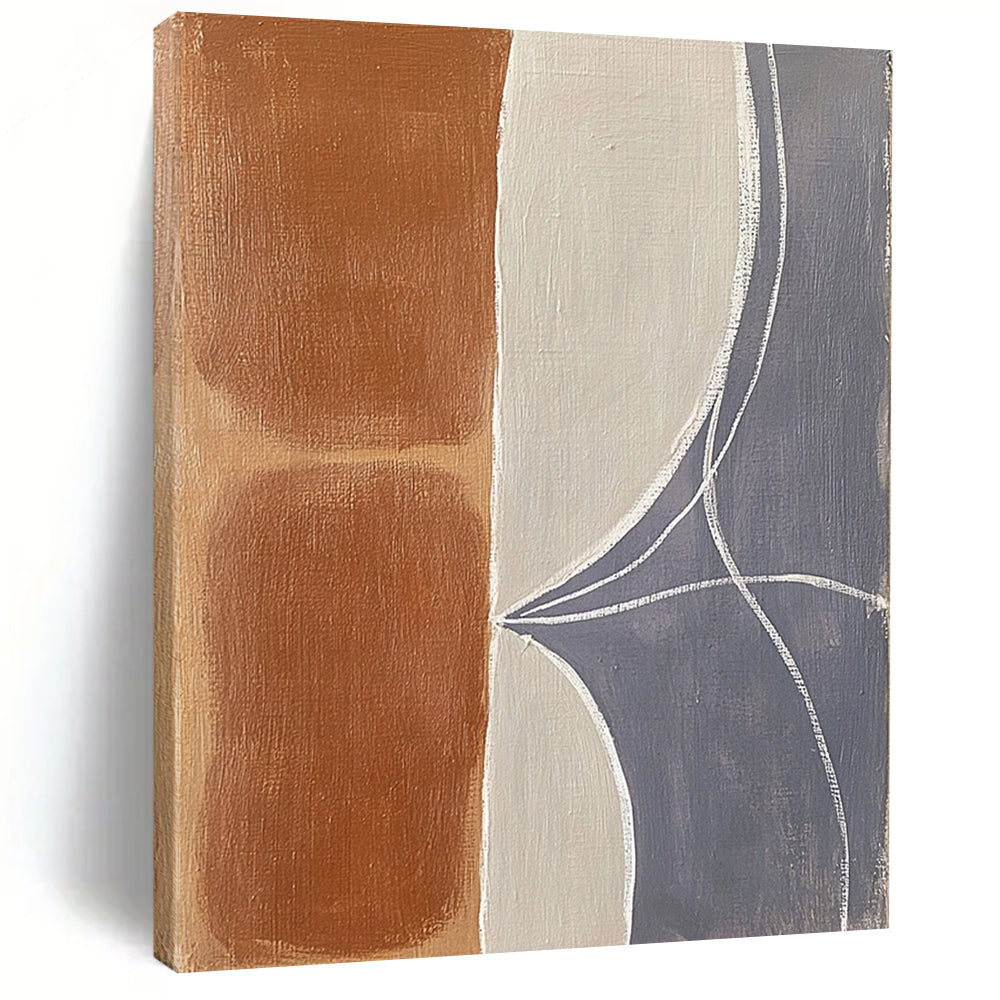 Contemporary abstract painting featuring organic shapes with terracotta brown and gray-blue hues enhanced by thick white lines and soft edges on a light gray background. DLZ0964
