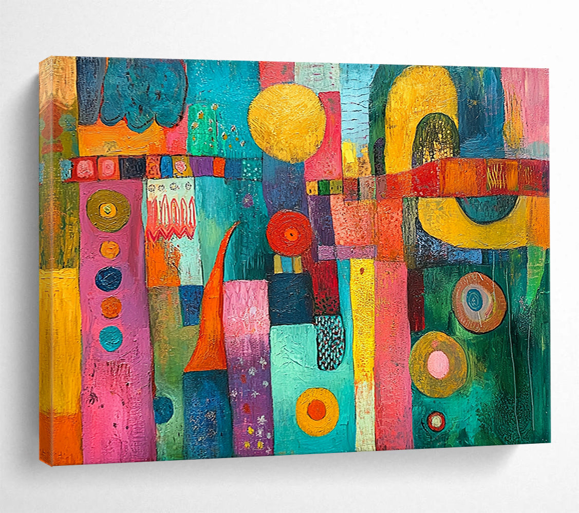 “Vibrant Colorful Mosaic” - Pink, Blue, Yellow, Mixed Patterns - Folk - Inspired Acrylic Painting HB1521