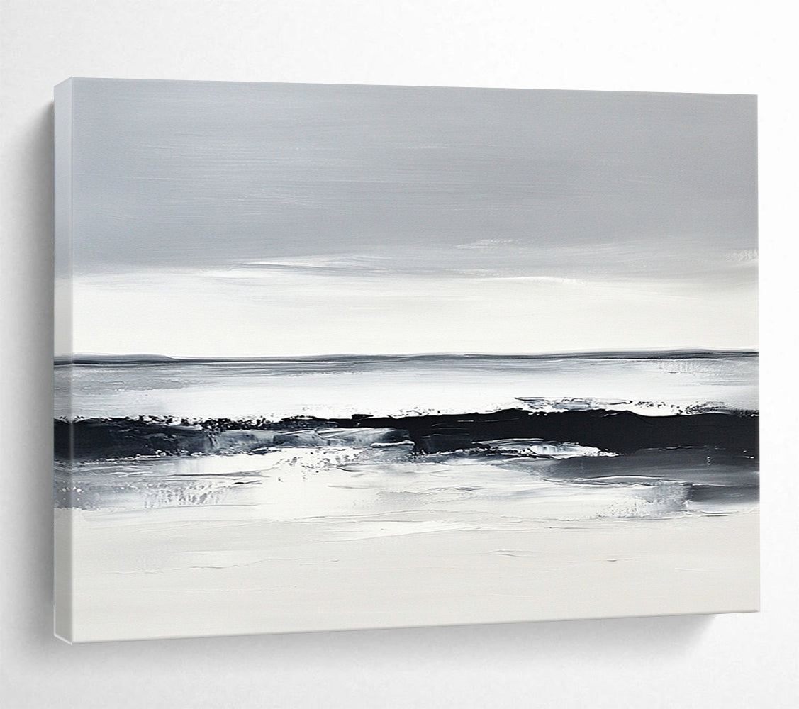 “Monochrome Sea Horizon” - Blacks, Whites, Grays, Sea Landscape - Minimalist Oil Painting HB1588