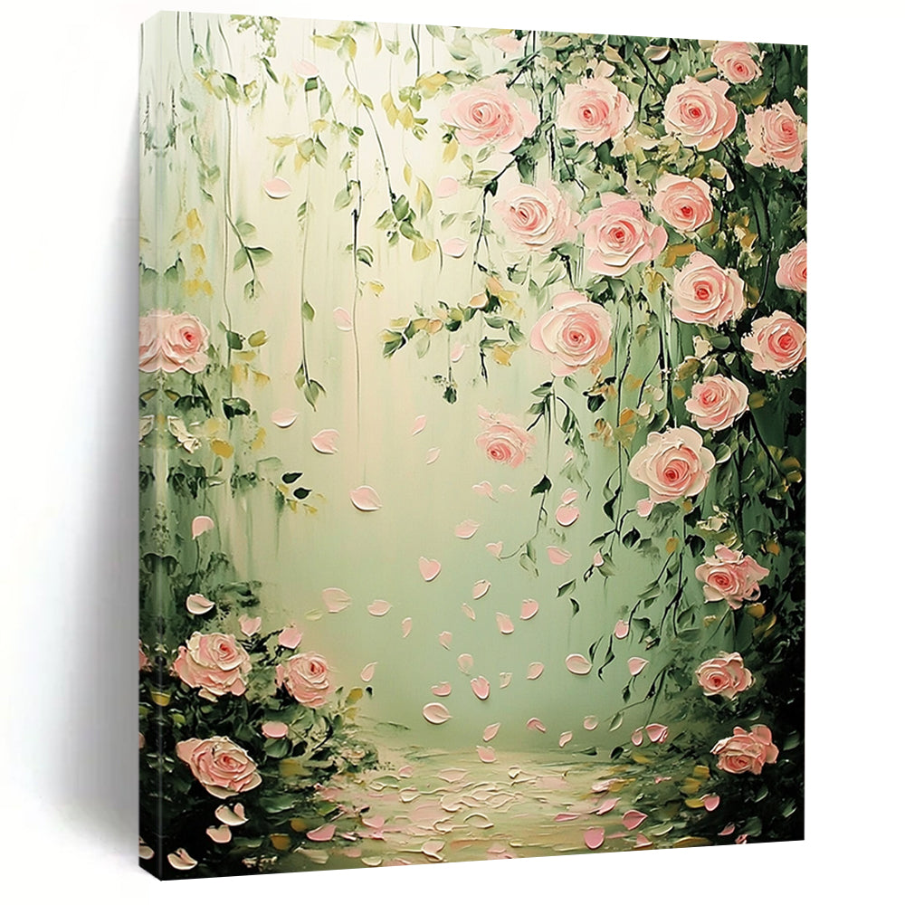 Contemporary hand-painted abstract art featuring pink roses and green leaves with softly falling petals in a dreamy pastel background, perfect for wedding decor. DLZ1508
