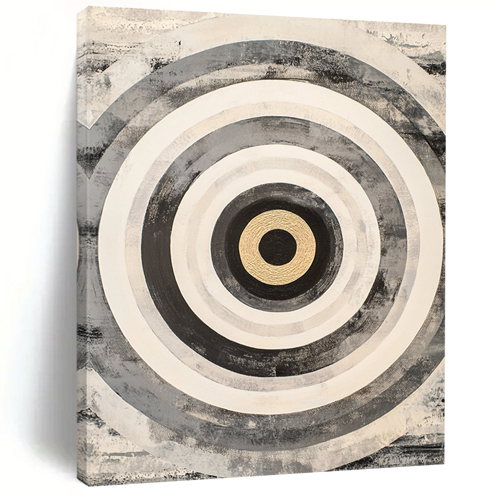 Black, White, Gray and Gold Concentric Circles "Subtle Vortex" Painting On Canvas HB382