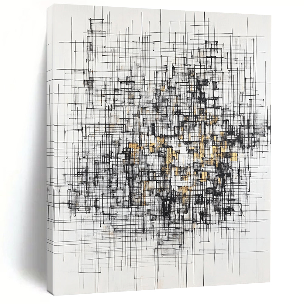 Black, White, Gray, Gold, Interwoven Lines "Gilded Urban Tapestry" Abstract Expressionist Painting On Canvas HB131