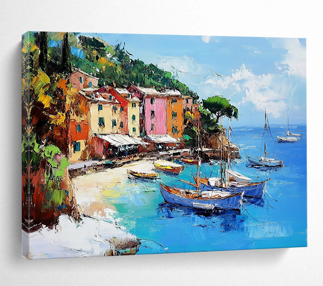 “Coastal Village Charm” - Vibrant Colors, Mediterranean Village by the Sea - Impasto Oil Painting HB1746