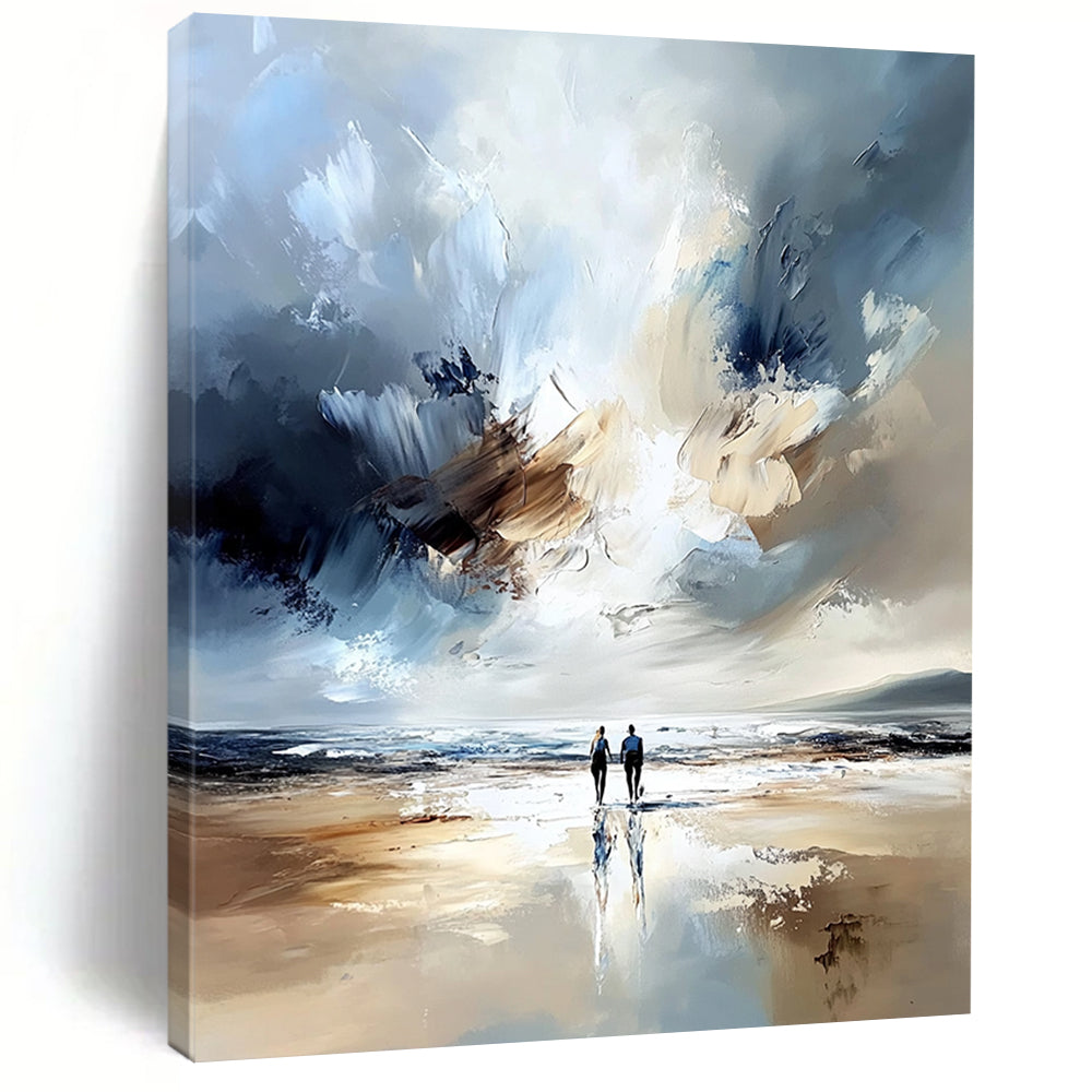 Contemporary abstract painting featuring two figures on a beach with a vast sea soft tones expressive brushstrokes and ethereal light effects. DLZ1126
