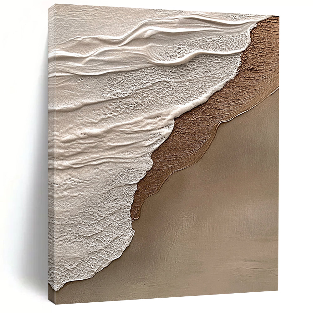 Contemporary hand-painted abstract art features beige and gray tones, evoking tranquility and harmony with a natural beach scene in the background. DLZ1212