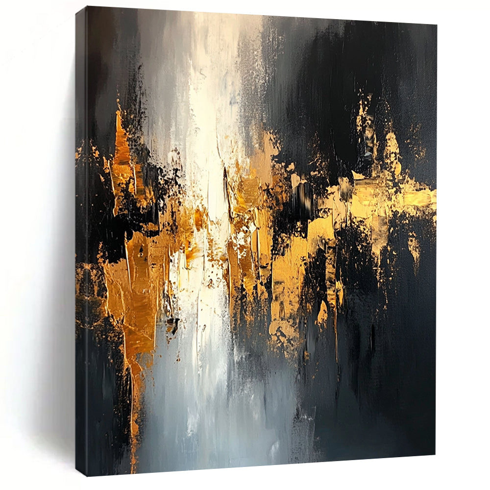 Contemporary hand-painted abstract art featuring black and gold tones with dynamic brushstrokes creating a mysterious urban landscape and intricate depth. DLZ0699