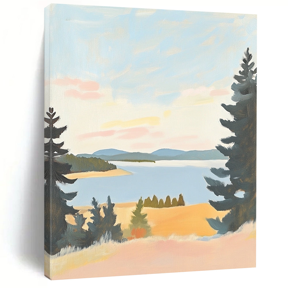 Contemporary minimalist landscape art featuring muted pastels of Lake St. Paul in Oregon on antique white paper, evoking serene beauty and tranquil views. DLZ1575