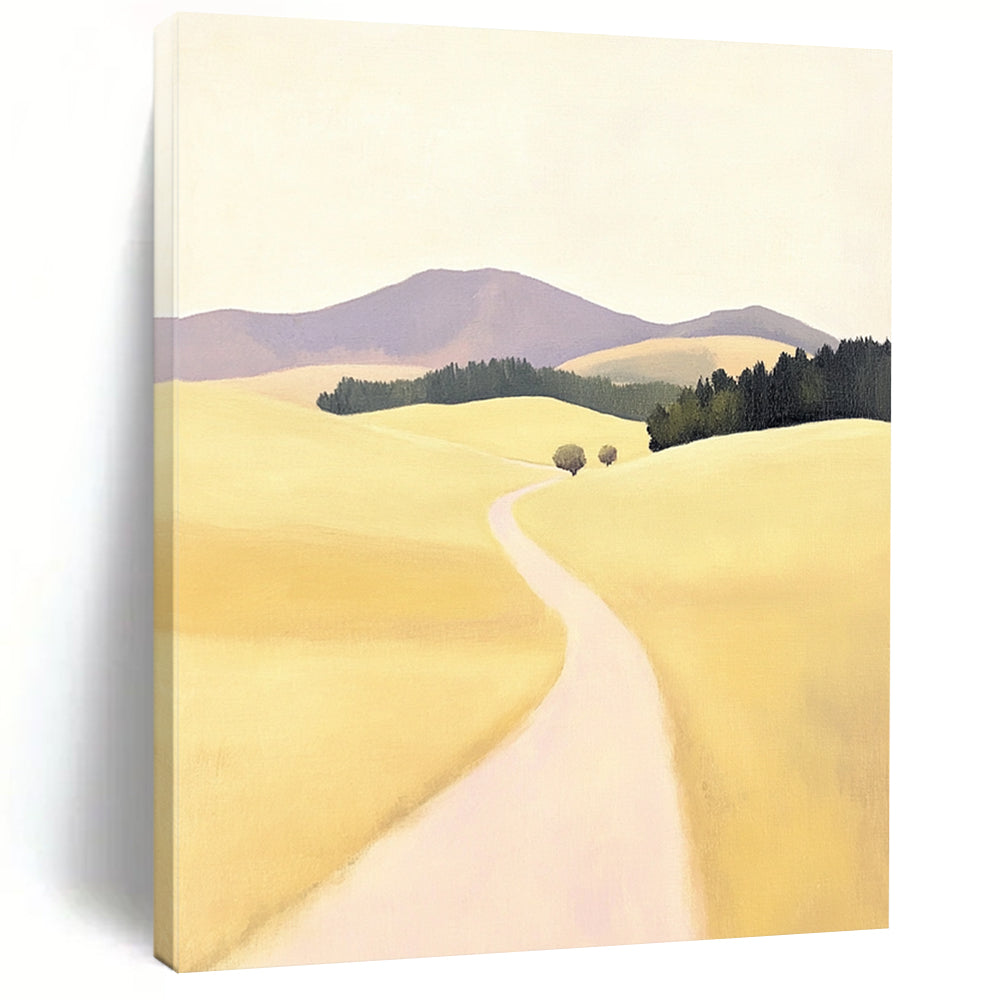 Contemporary hand-painted abstract artwork featuring a serene rural road in New Zealand with rolling hills in soft yellow tones and minimalistic design. DLZ1099