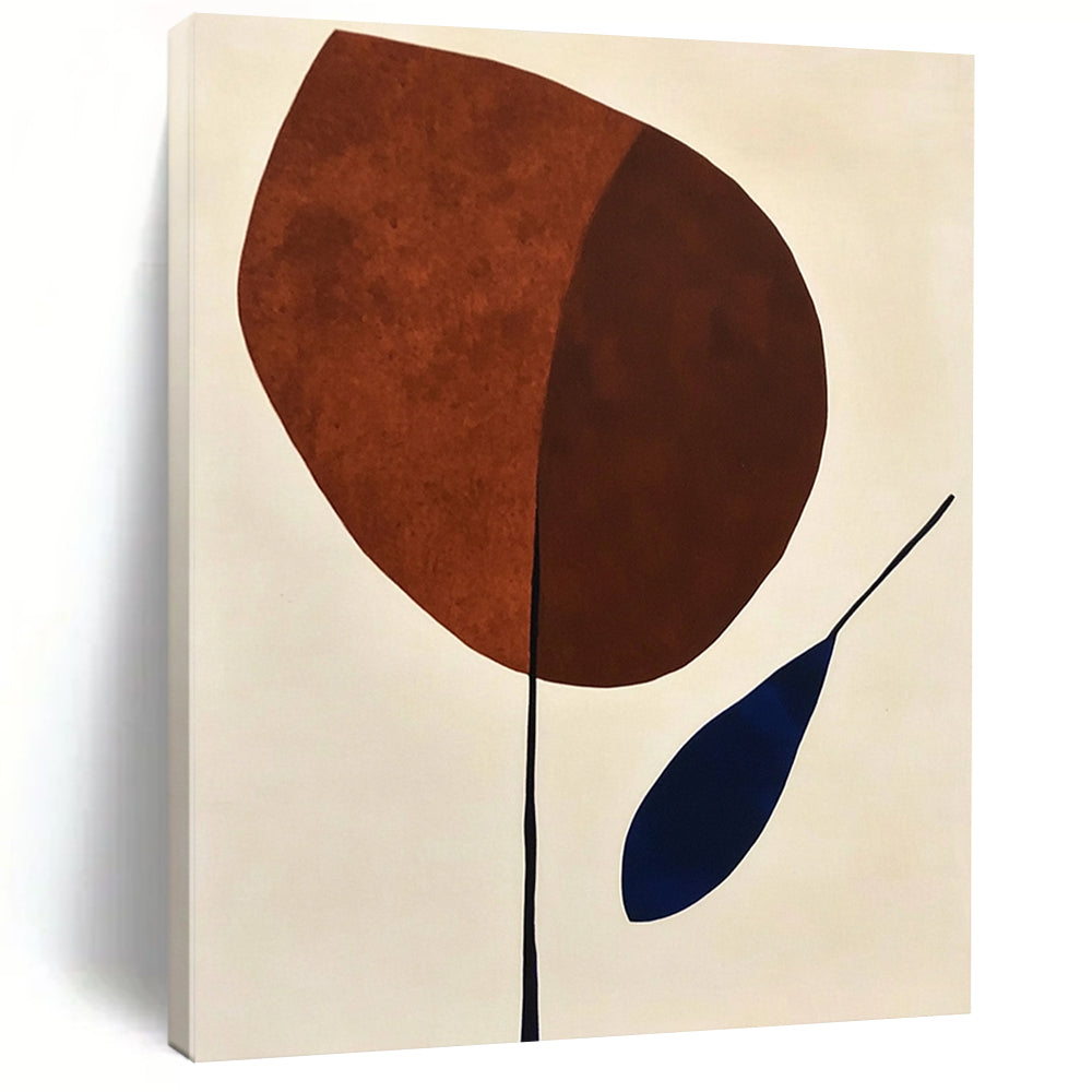 Contemporary abstract painting featuring organic shapes in brown and blue on a minimalist white background, evoking mid-century artistic style. DLZ1309