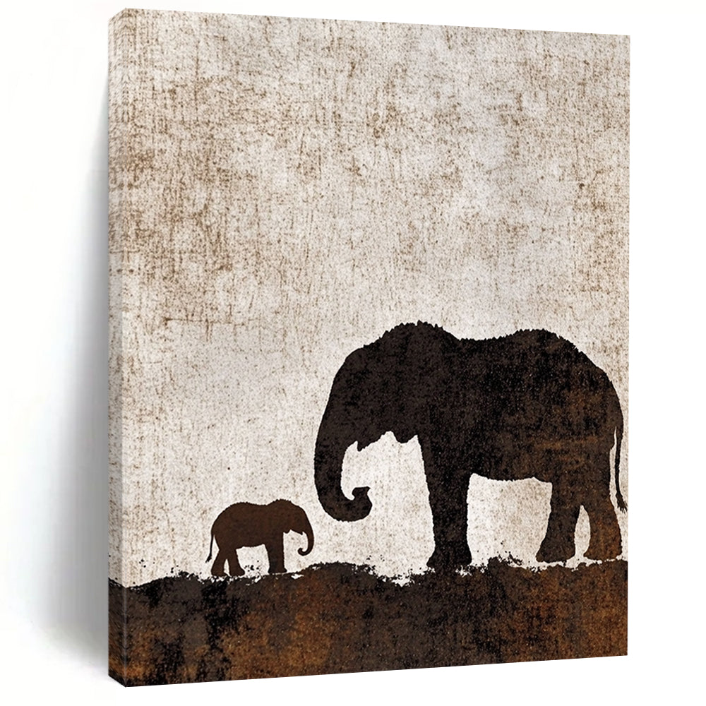 Contemporary abstract artwork featuring an elephant silhouette with calf on a textured brown and white background, perfect for any modern space. DLZ1088
