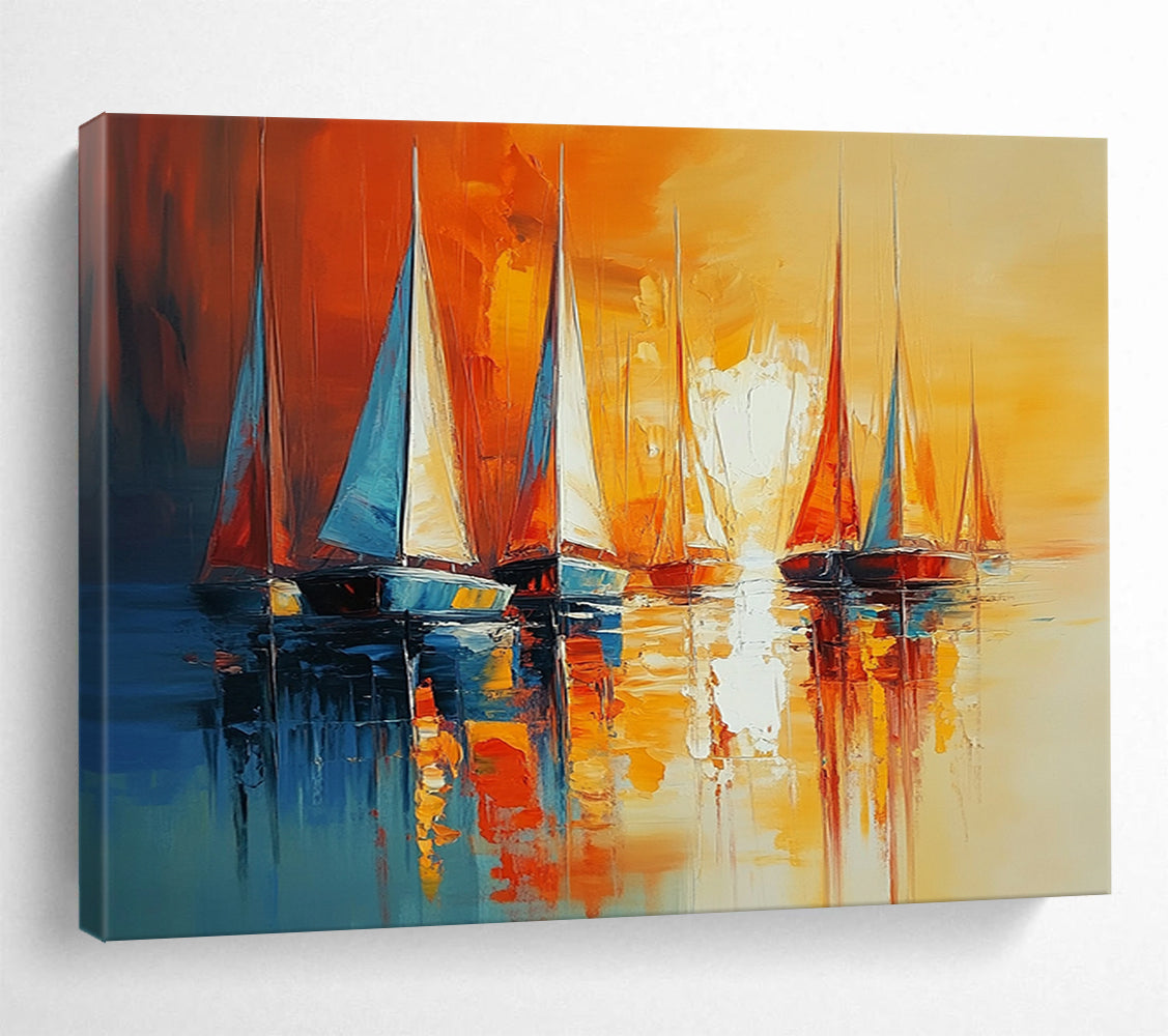 “Sunset Sails” - Orange, yellow, blue; Sailboats on calm water at sunset; Impasto Oil Painting On Canvas HB1166