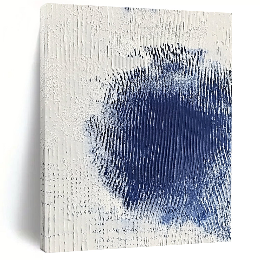 Contemporary abstract art featuring serene white and blue textures with a central dark blue spot creating depth and minimalistic elegance. DLZ1223