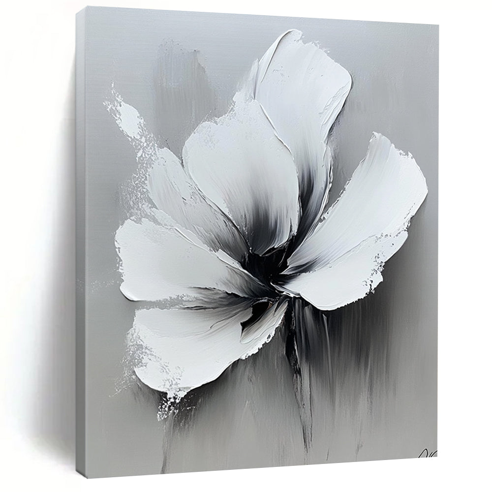 Contemporary abstract oil painting featuring bold white flowers and a high contrast black and gray palette on a neutral background. DLZ0827