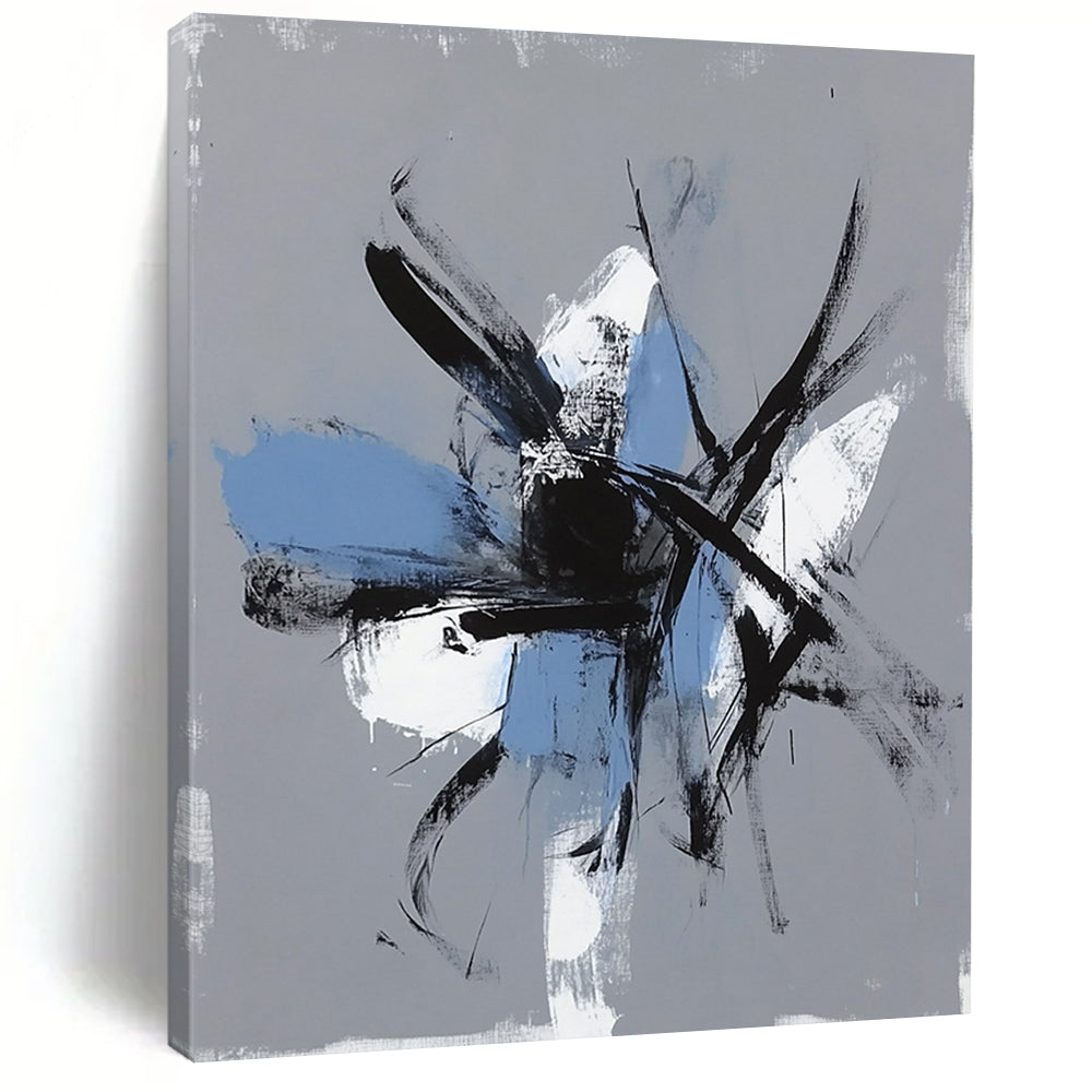 Contemporary hand-painted abstract art featuring expressive brush strokes and chaotic figures on a gray background with light blue accents. DLZ0305