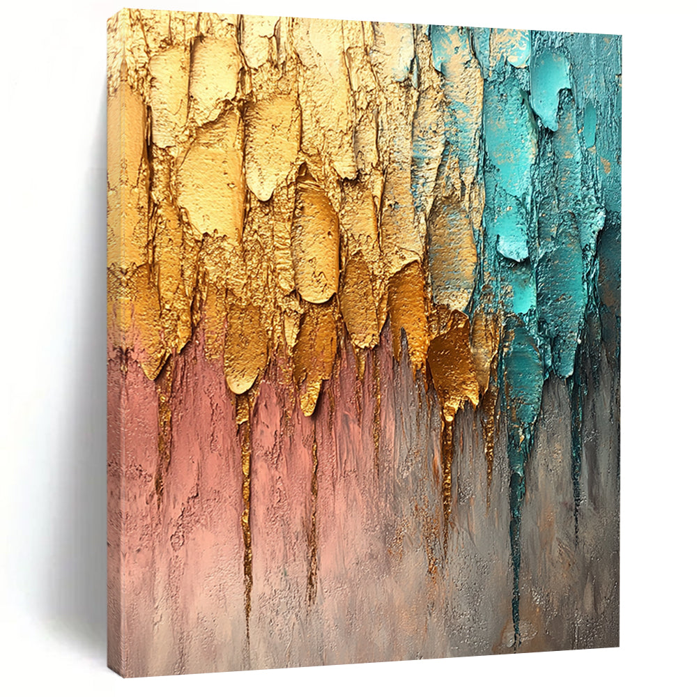 Contemporary abstract painting featuring textured brush strokes in gold silver and teal against a muted gray background with dynamic raindrop-like lines. DLZ1193