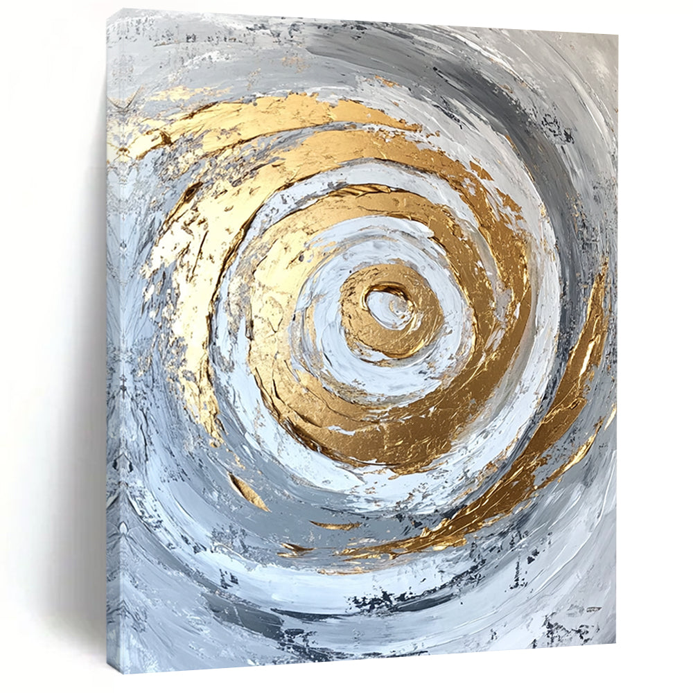 Contemporary abstract artwork features gold accents on a textured white and grey background with bold brush strokes and palette knife techniques. DLZ0808