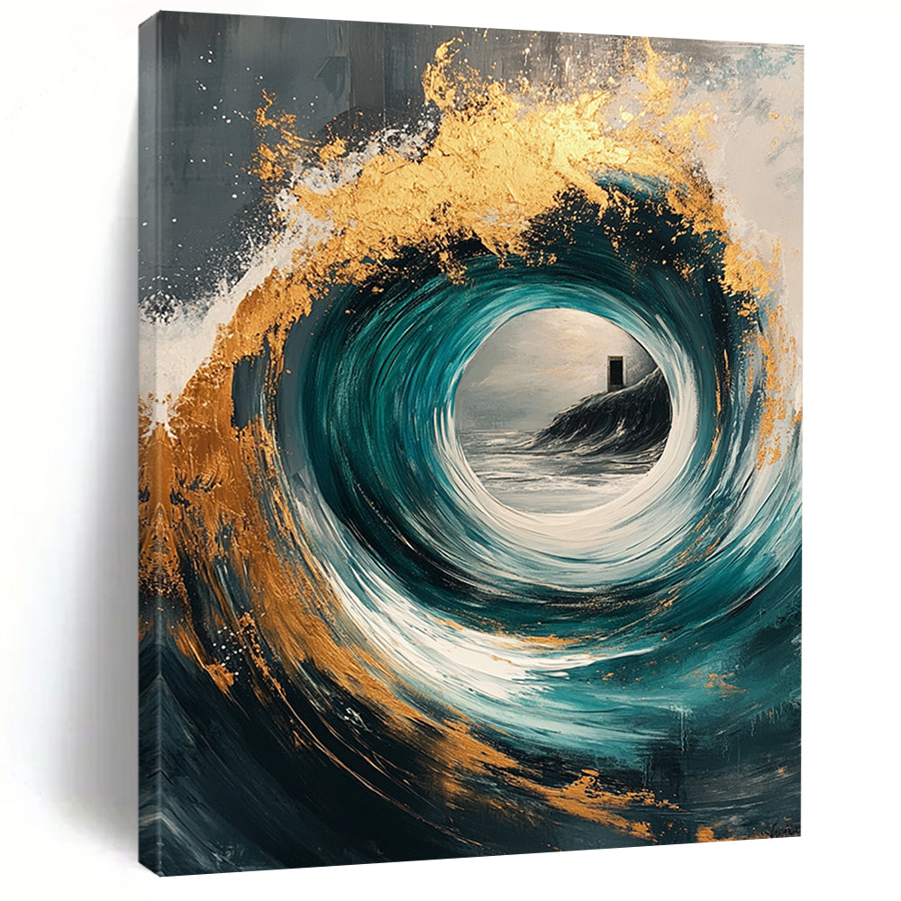 Contemporary abstract painting with gold and teal swirls, magical windows, on a textured gray canvas, perfect for modern decor. DLZ0370