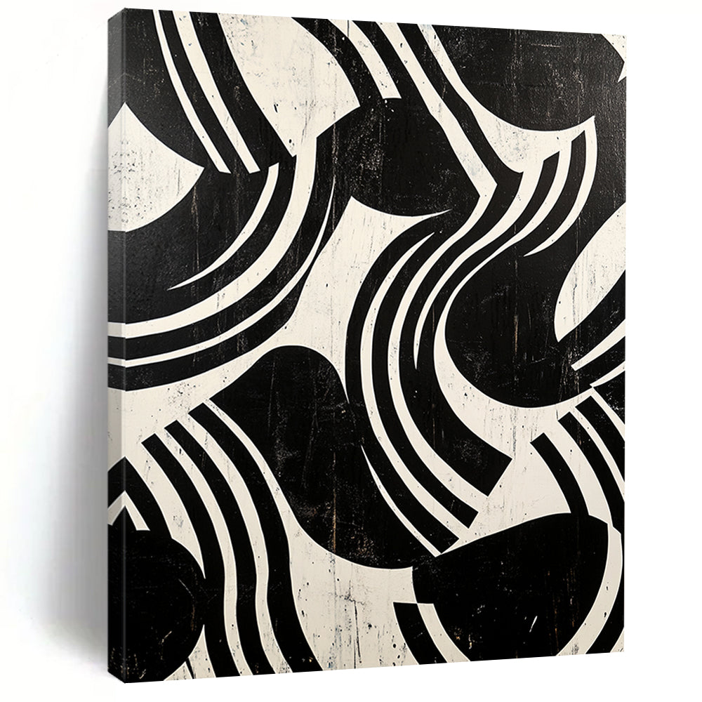 Black and White Curved Stripes "Dynamic Rhythm" Painting On Canvas HB271