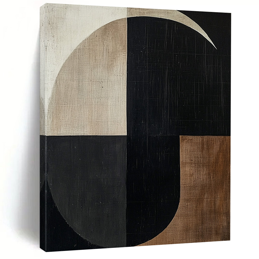 Contemporary hand-painted abstract artwork featuring minimalist black and white shapes with beige and brown tones creating a balanced geometric composition. DLZ1308