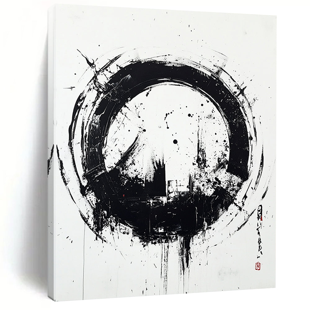 Black and White Circular Ink "Zen Circle" Painting On Canvas HB252