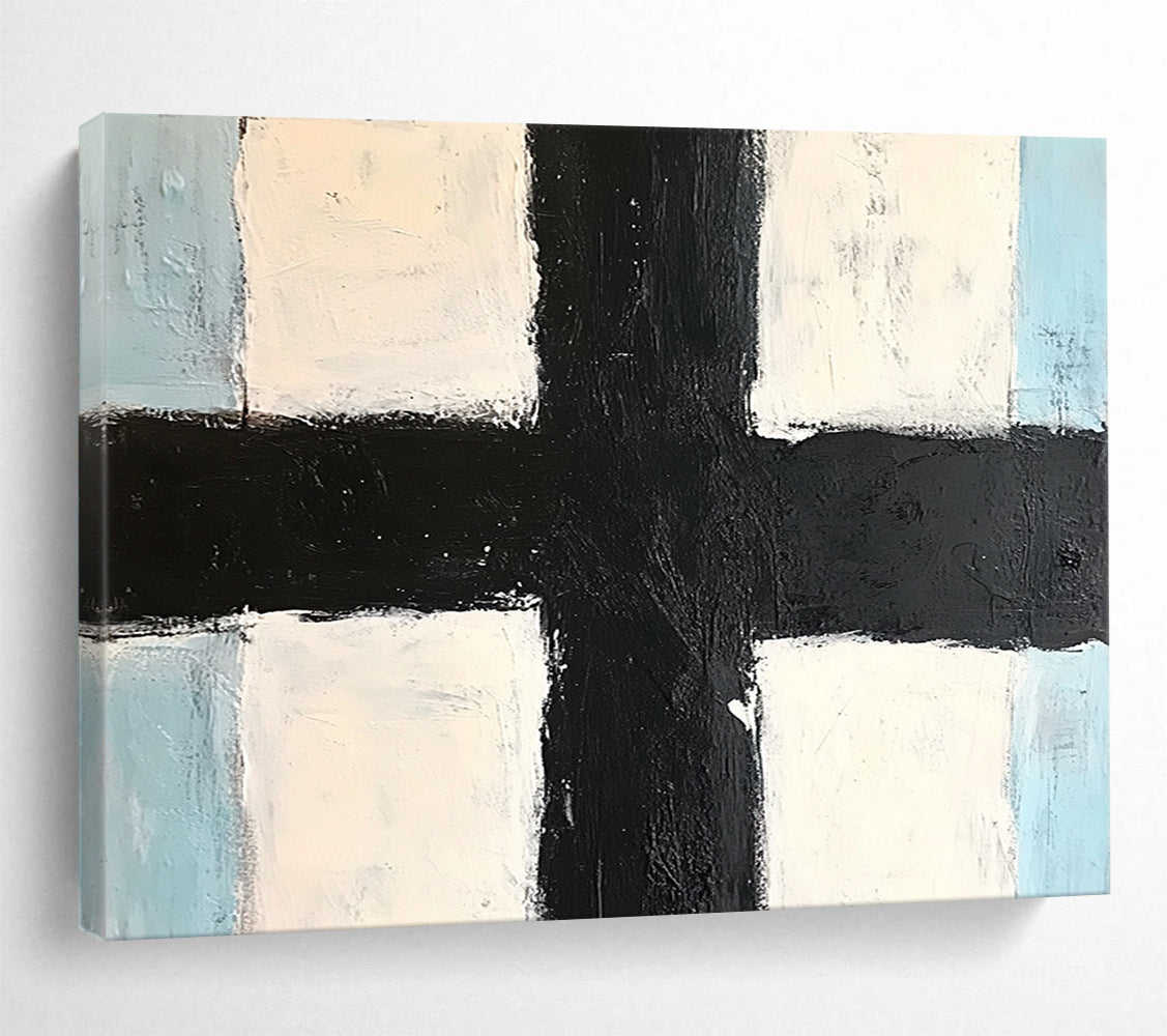 “Black Cross Geometry” - Black, White, Blue, Minimalist Abstract Geometric Painting On Canvas HB1074
