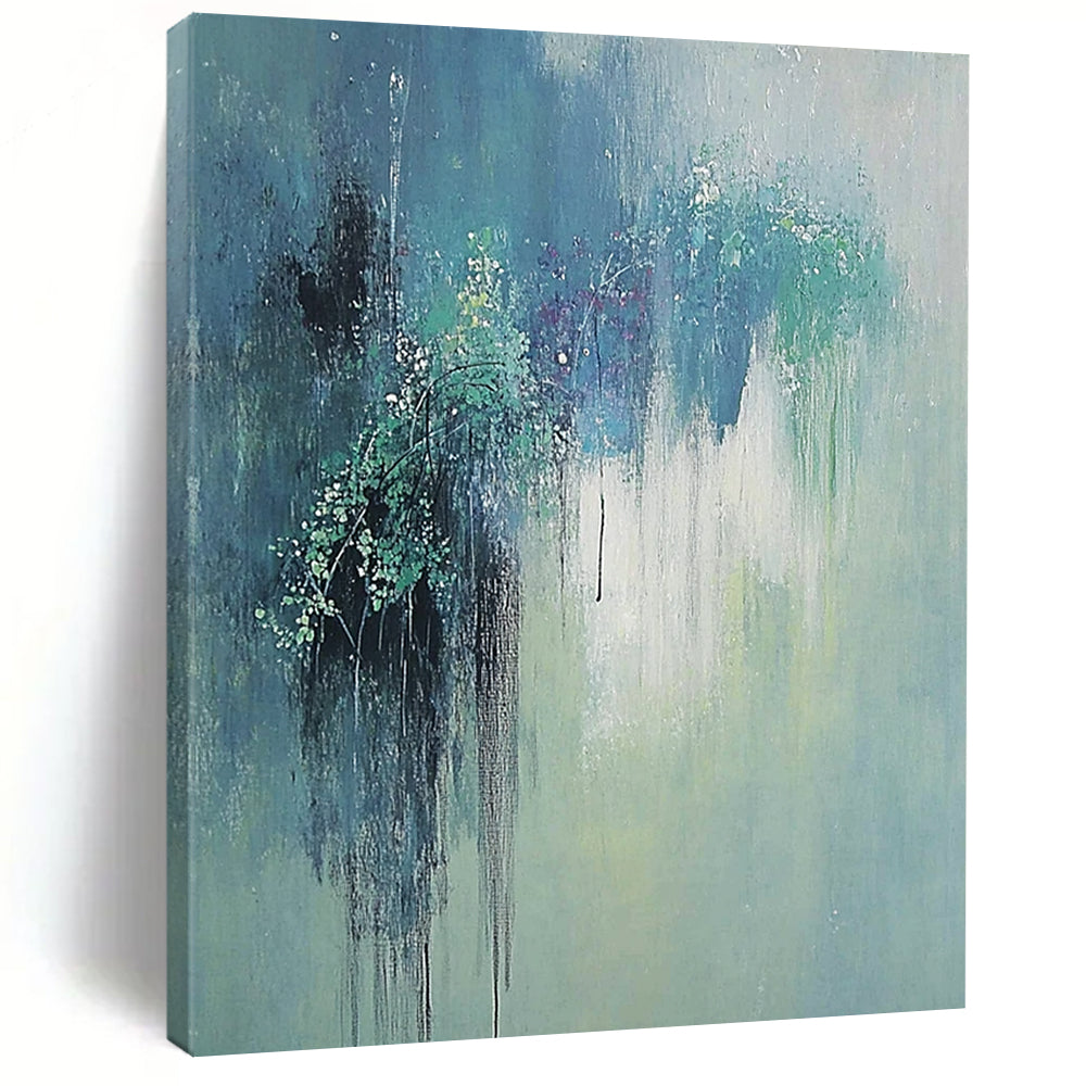 Large contemporary hand-painted abstract artwork featuring gentle hues of green and blue with elegant willow reflections and a serene, dreamy atmosphere. DLZ1179