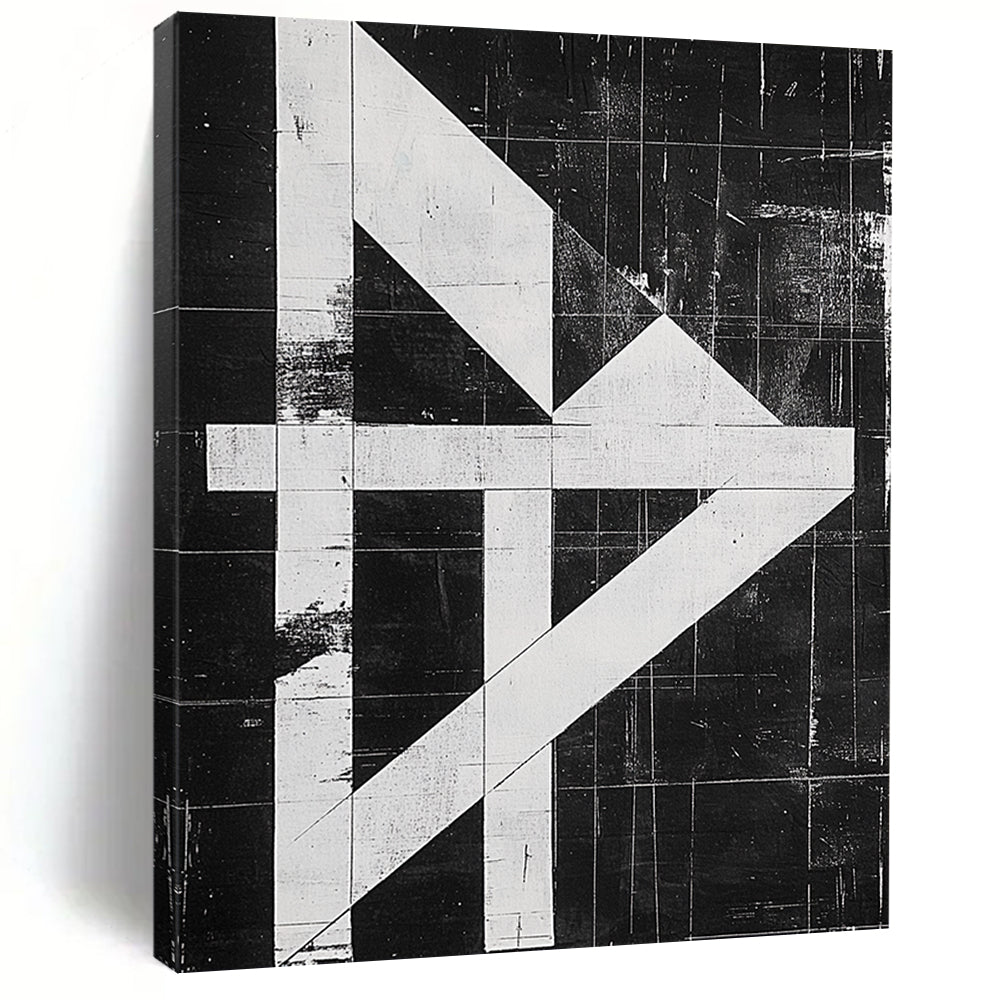 Contemporary hand-painted abstract artwork featuring a high-contrast black and white design with an "H" shape and textured risograph print on canvas. DLZ1140