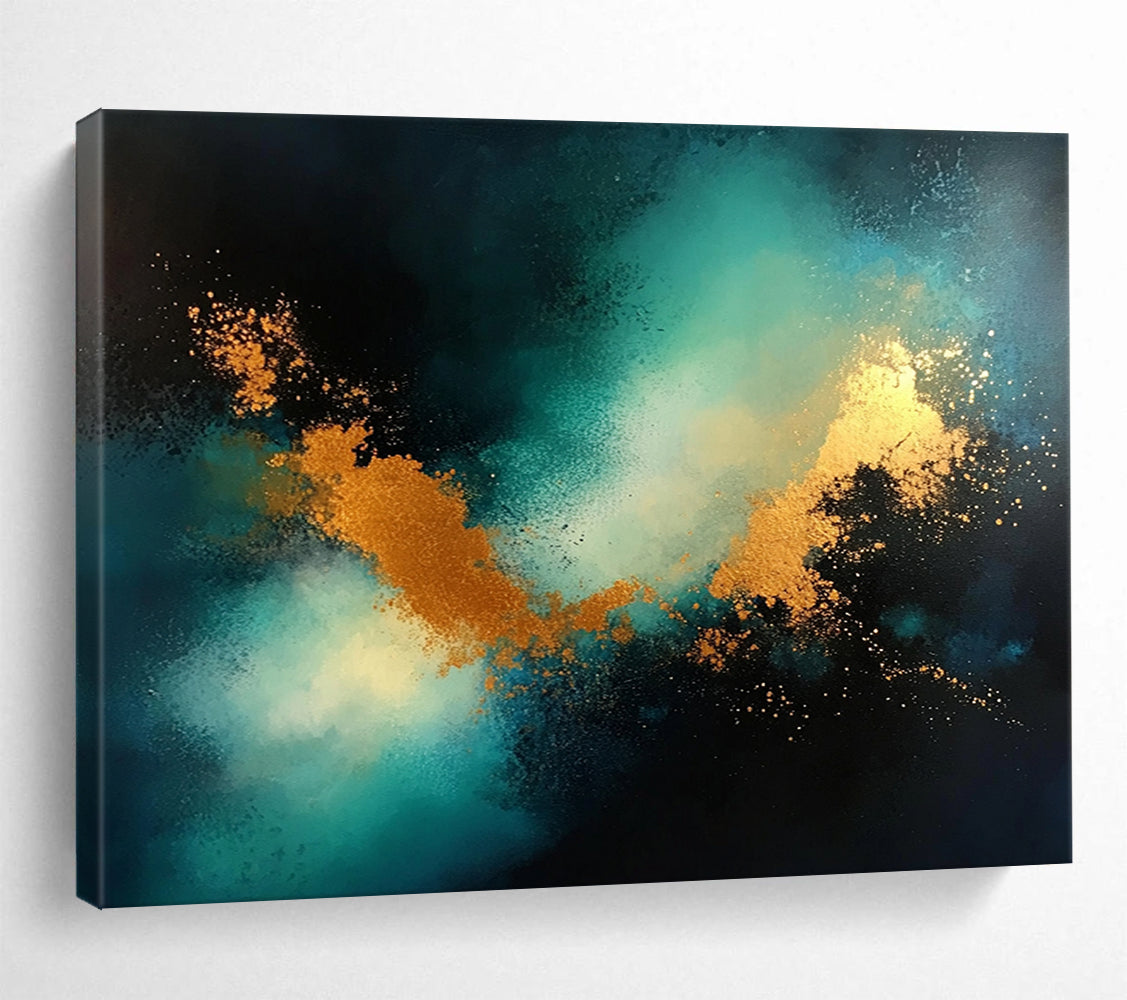 “Cosmic Teal & Gold” - Teal, Gold, Black, Abstract Celestial Clouds Painting On Canvas HB1033