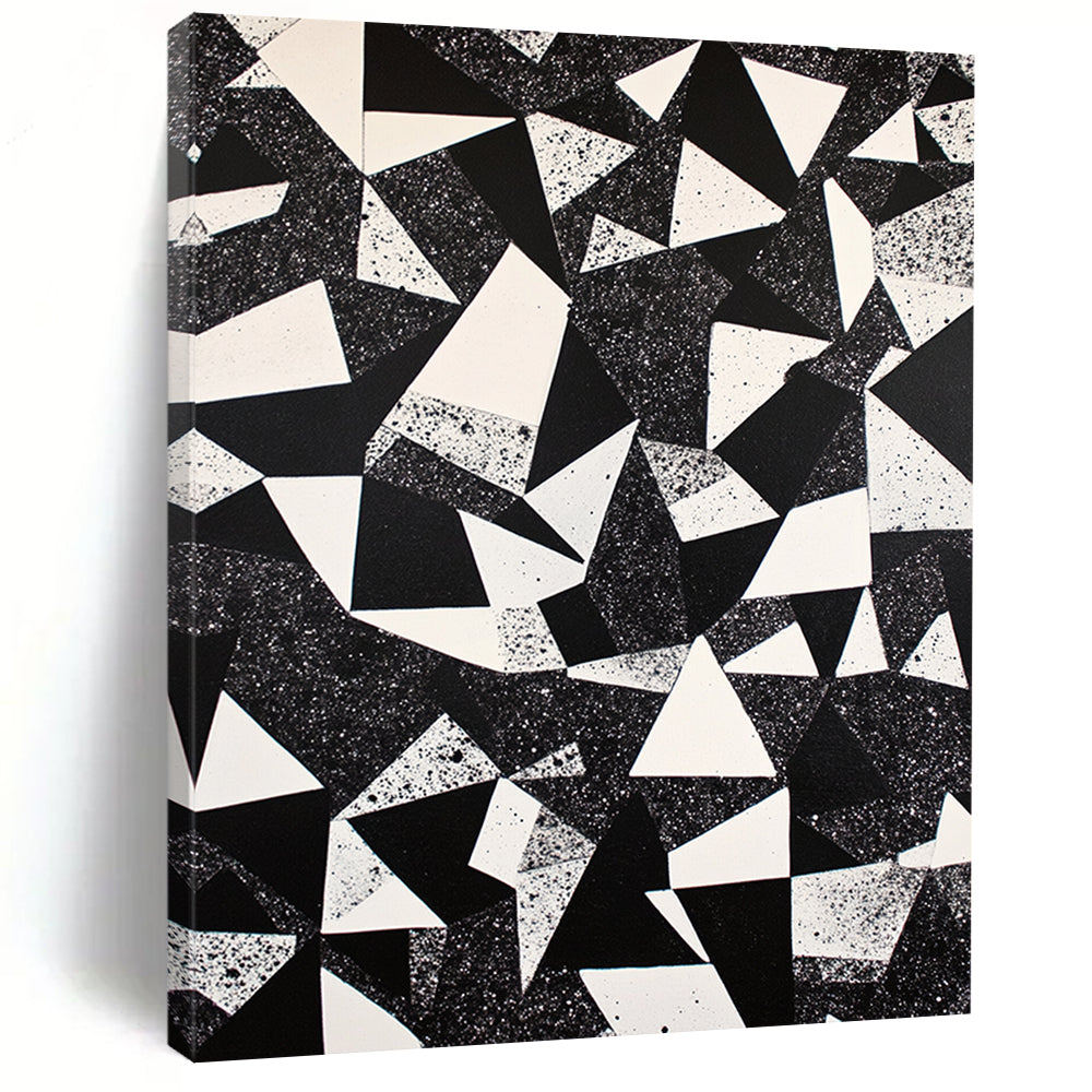 Black, White and Speckled Geometric Triangles "Starry Triangles" Painting On Canvas HB391