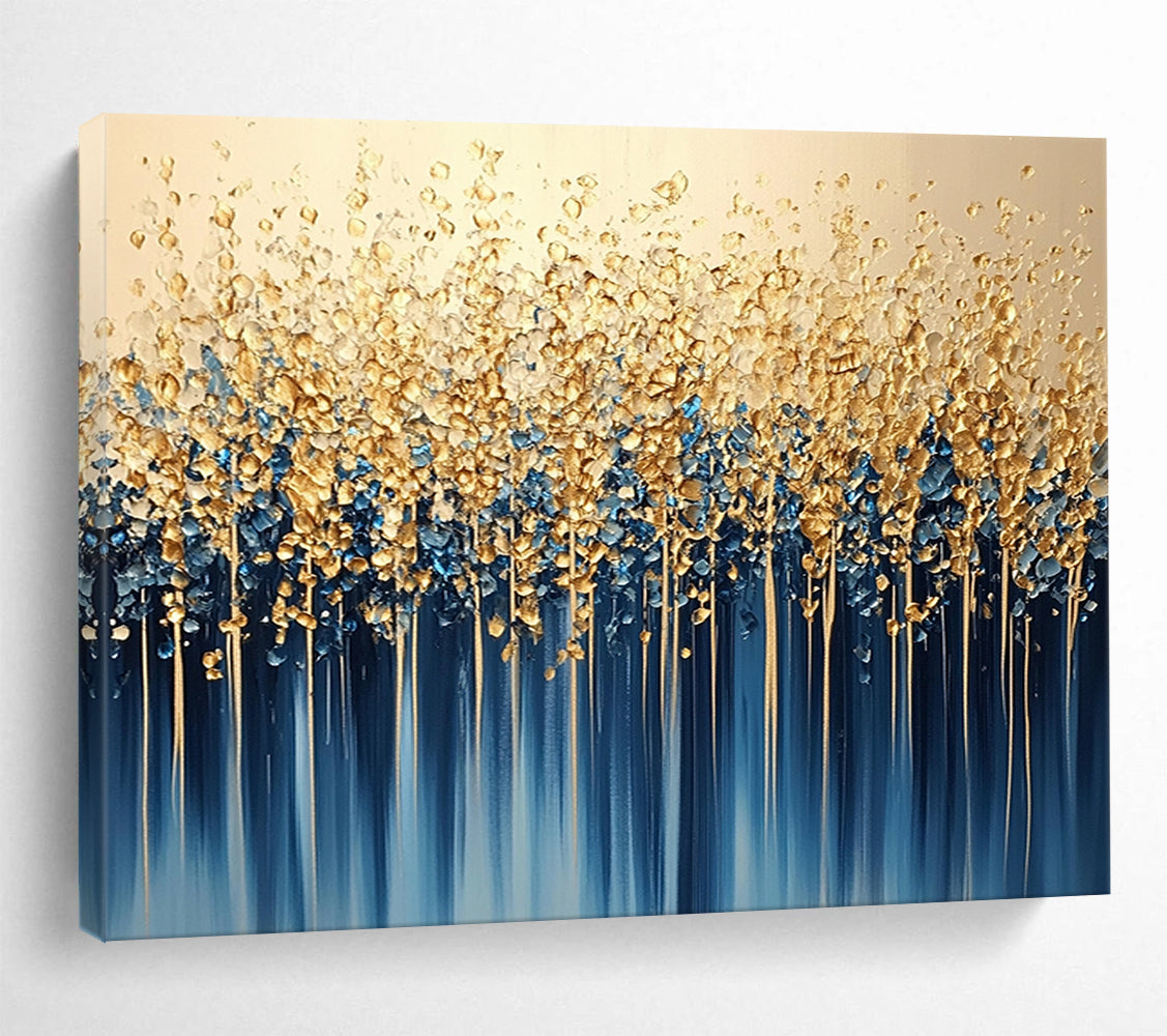 “Golden Forest Cascade” - Gold, Blue, White, Abstract Tree - like Forms with Drips Painting On Canvas HB1085